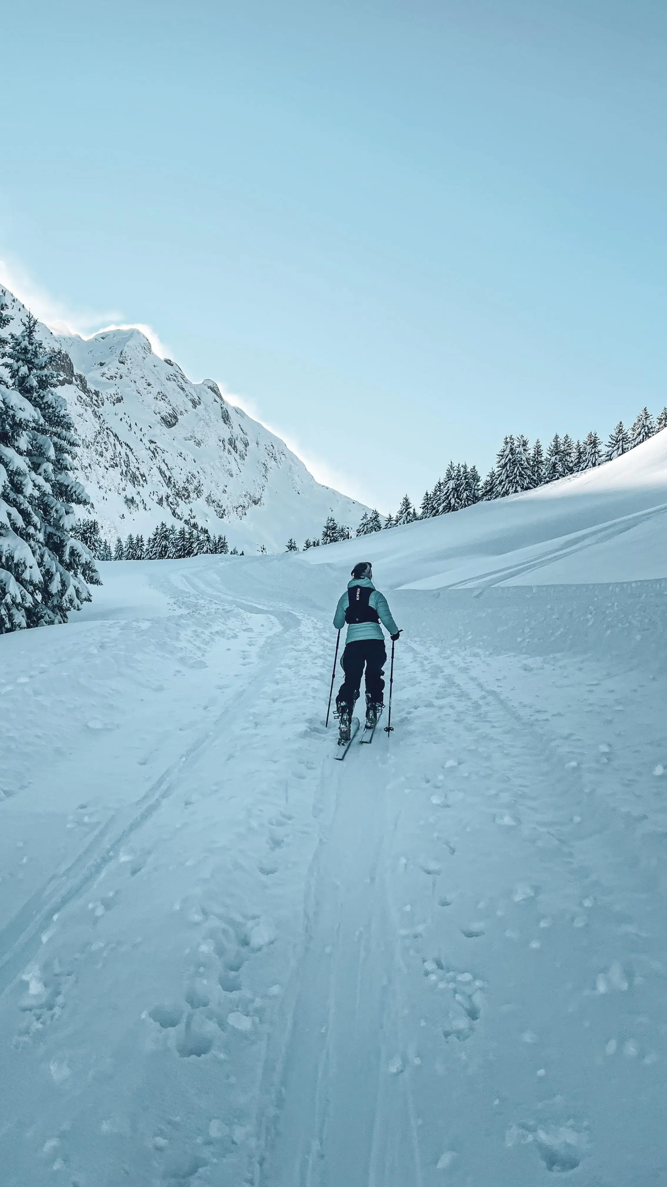 Sofia de dos, en ski de randonnée, remonte un vallon de neige vierge bordé de sapins.